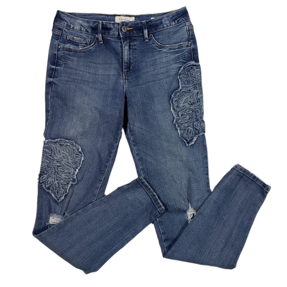 Jessica Simpson Kiss Me Super Skinny Blue Jeans Size 28 ACTUAL 30 Floral Patches